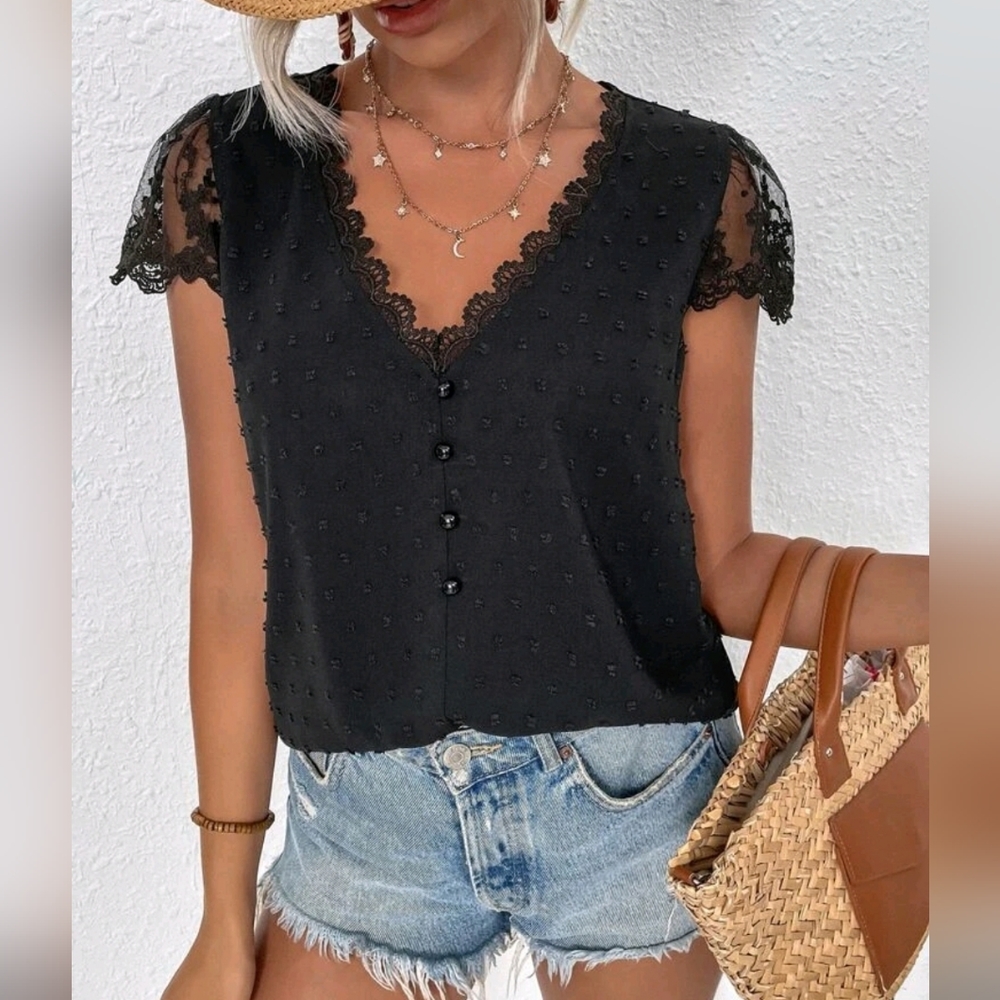 New Boho Embroidered Lace V Neck Top Blouse Swiss Dot Black